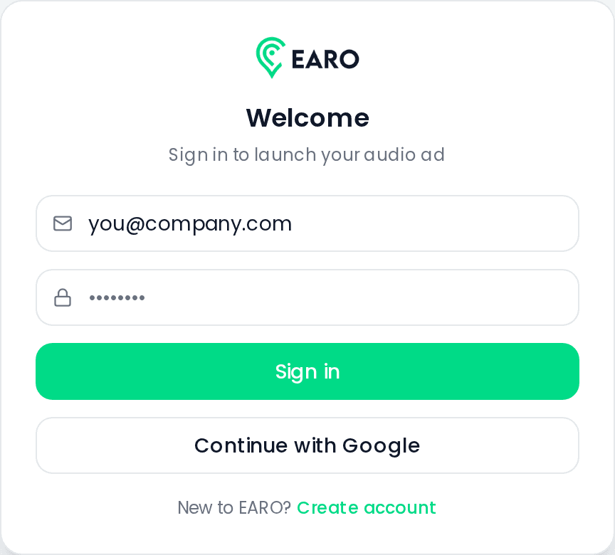 EARO sign-in screen mockup